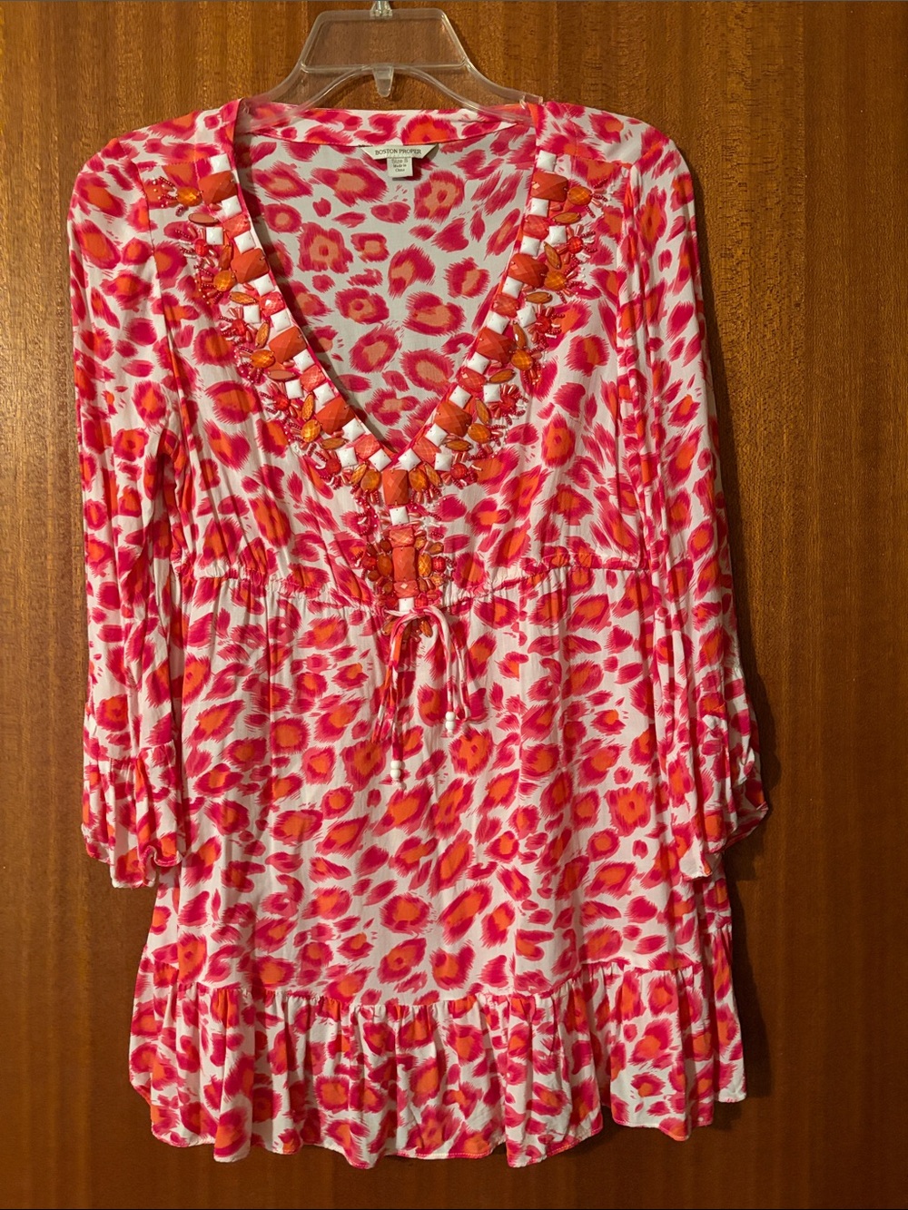 Women’s Pink & Orange Printed V-Neck Ruffle Tunic blouse
